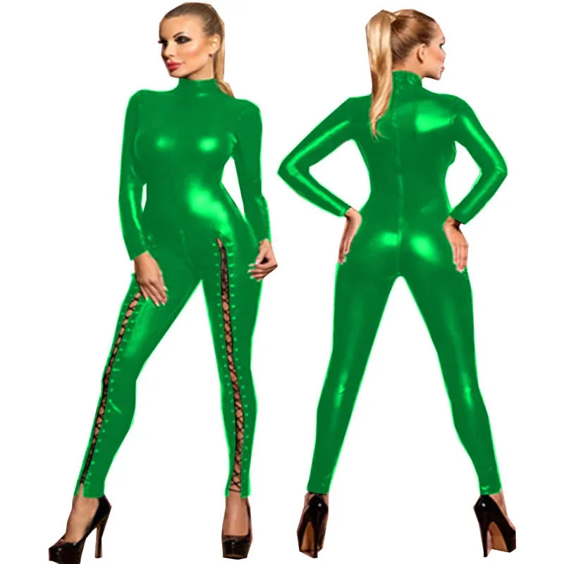 2024 Sexy Hot Women Faux Leather Catsuit Shiny PU Bodysuit Clubwear Bodycon lace-up long jumpsuit Party Club Rompers jumpsuit