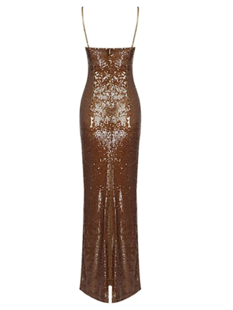 New Summer Dress 2024 Women Sexy Sleeveless Backless Mesh Sequins Brown Bodycon Maxi Dress Elegant Long Evening Party Dress