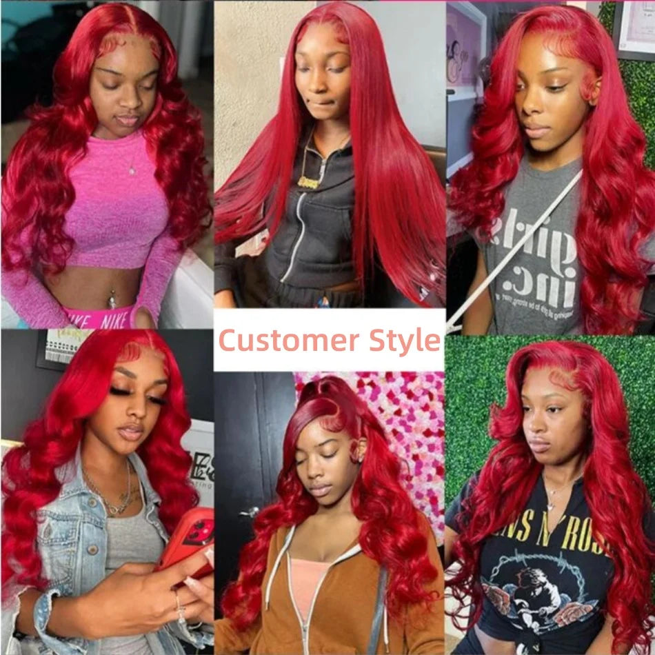 13x4 Sexy Red Lace Front Human Hair Wigs Body Wave Burgundy Red Colored Transparent Lace Front Wigs Human Hair Remy 180% Density