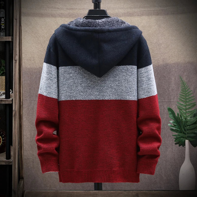 Men‘s Hooded Cardigan Knitted Sweater Winter Thick Fleece Warm Casual