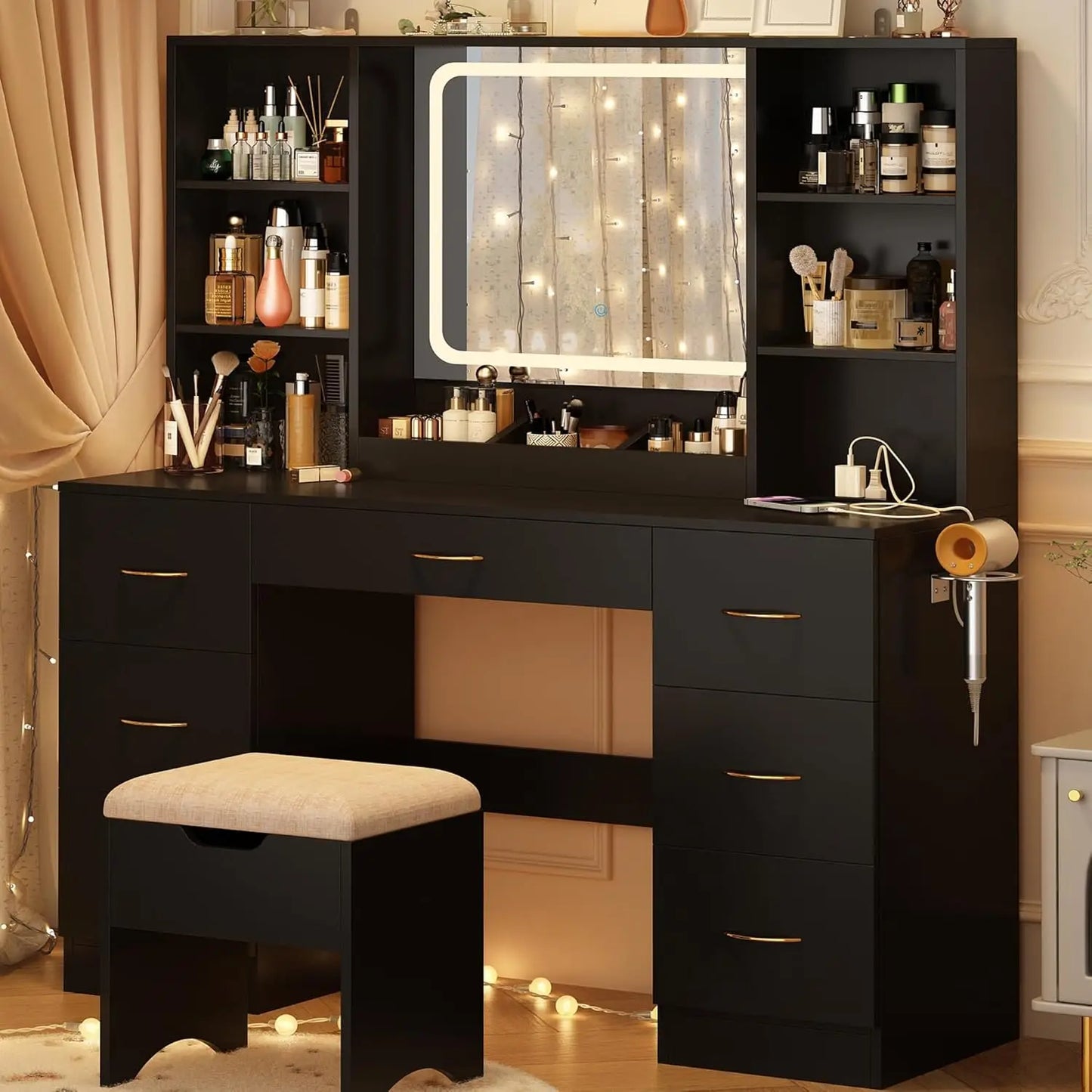 47" Large Vanity Desk with Mirror and Lights, LED  Vanity Set with Stool and Power Outlet, Drawers and 3 Lighting Modes, Dresser