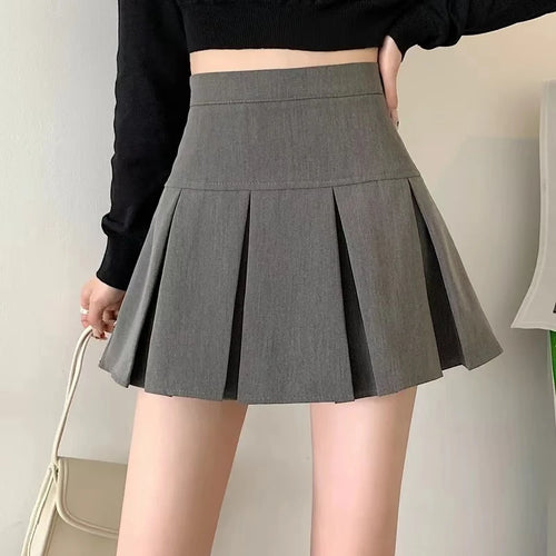 Vintage Gray Pleated Skirt Women Kawaii High Waist Mini Skirts Korean