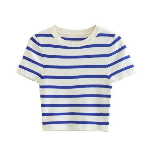 Vintage Women Y2K Stripped Cropped T-shirts for Girls Slim Knitted