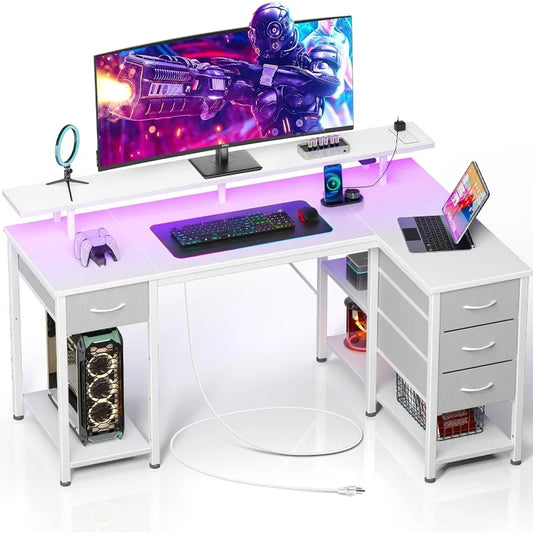 L Shaped Computer Desk with Drawers 47.2 inch, Gaming Desk with Power Outlets & LED Lights, Reversible Office Desk with