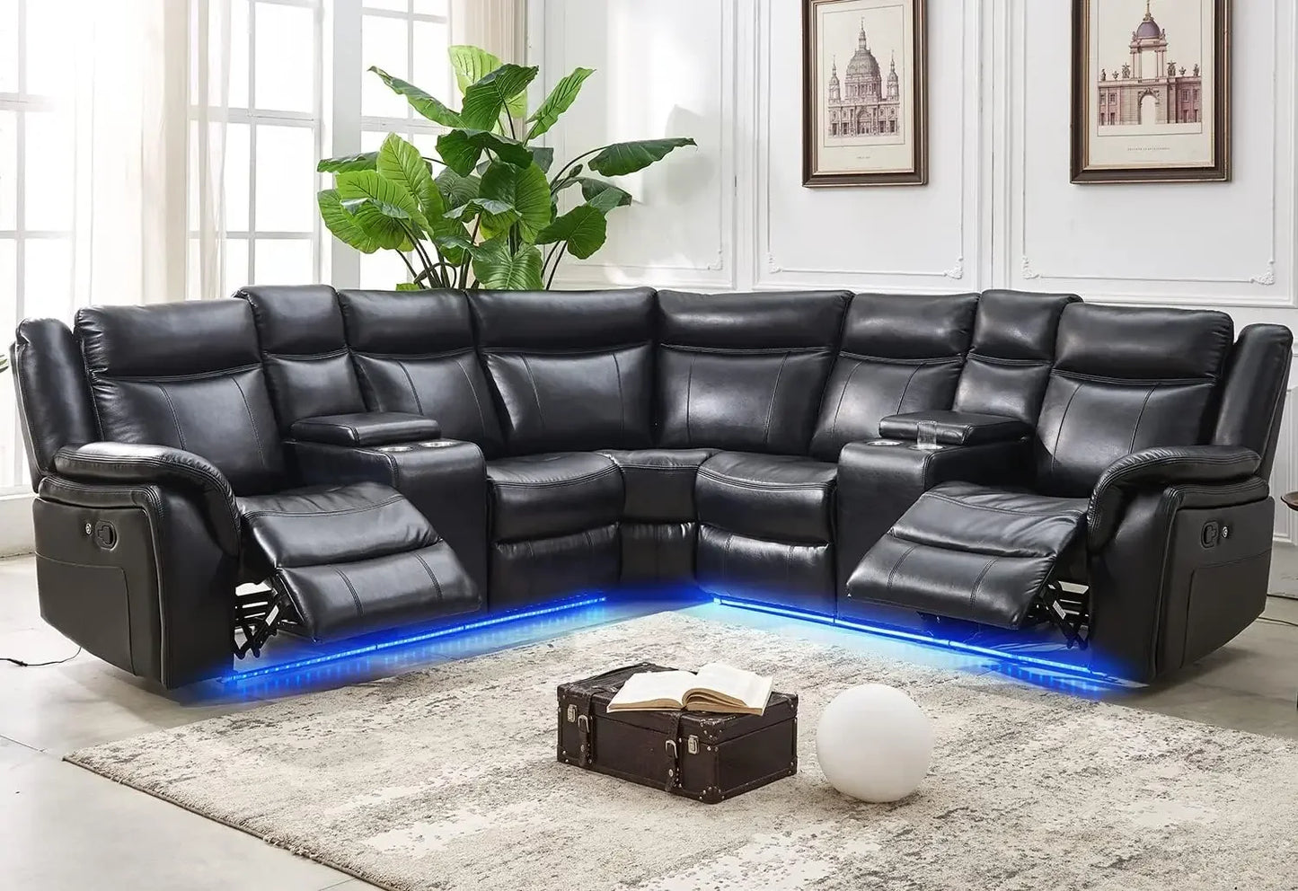 recliner，Power Reclining Sectional Sofa with LED Light Recliner Faux Leather L-Shaped Electric Reclining Sectional Couch