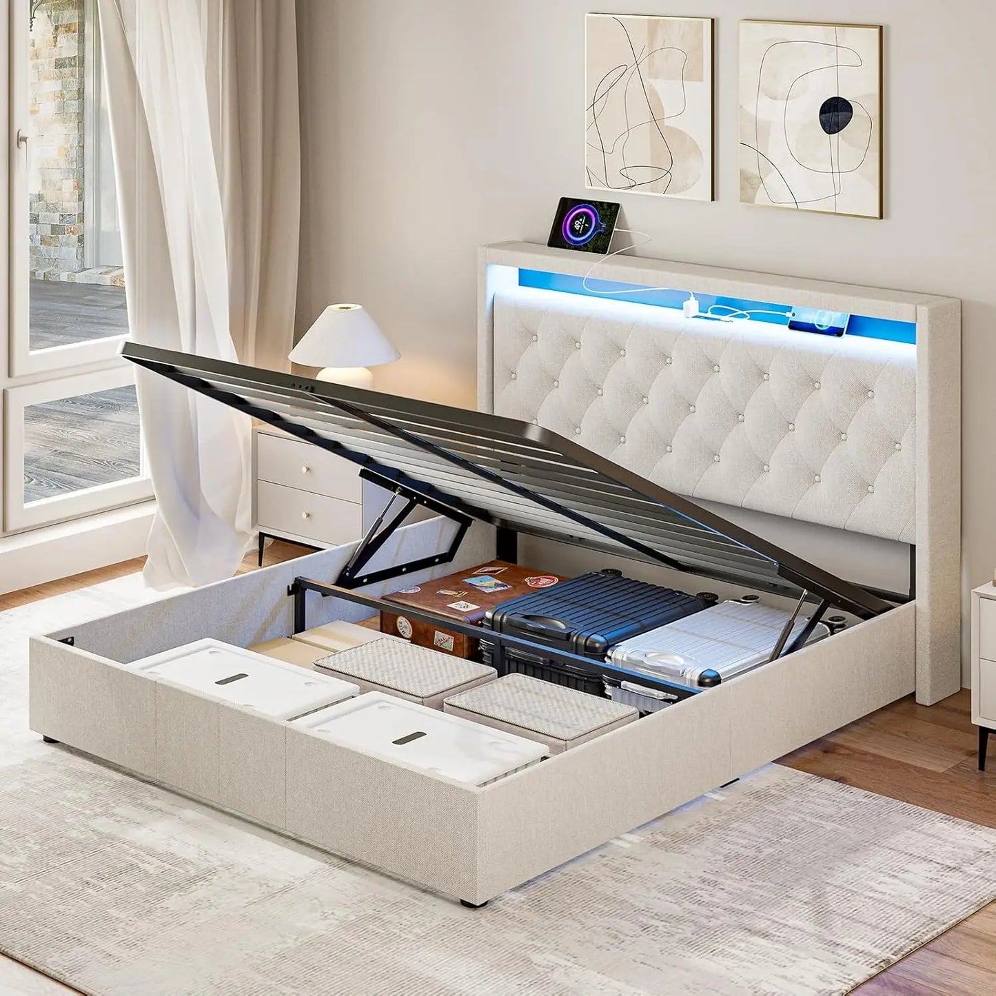 King Lift Up Storage Bed Frame, Upholstered Tufted Headboard, Hydraulic Storage/LED Lights/Charging Station, Platform BedFrame