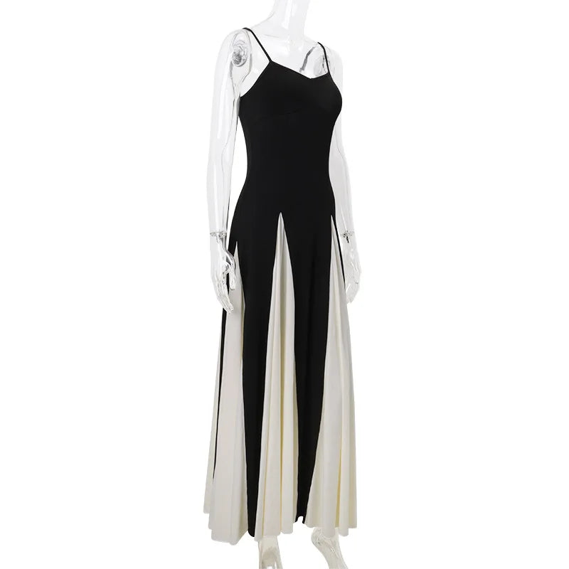 2024 Summer Elegant  Female Vestidos Black White Patchwork Hem Maxi