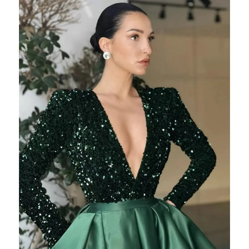 2024 Spring Summer New Women's Sexy One-Shoulder Long Sleeve Sequin V-neck Swing Sequined Split Dress Evening Dress