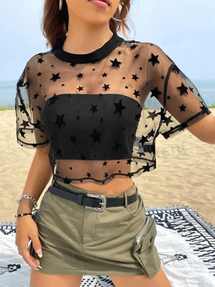 Summer Outfits Star Print Drop Shoulder Crop Mesh Top Without Camisole