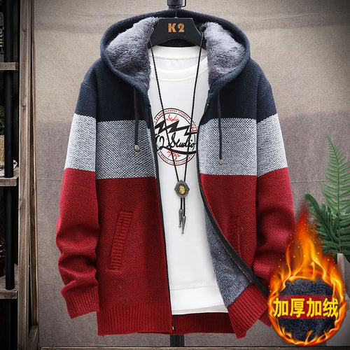 Men‘s Hooded Cardigan Knitted Sweater Winter Thick Fleece Warm Casual