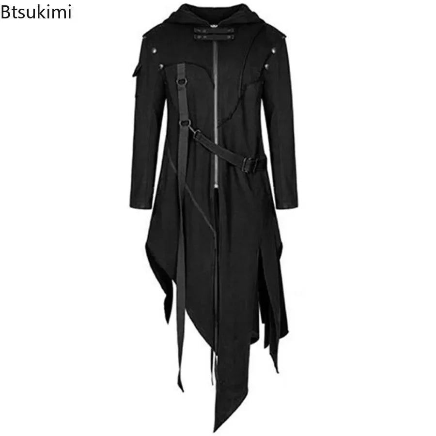 New 2024 Men's Punk Style Irregular Trench Coats Black Gothic Long