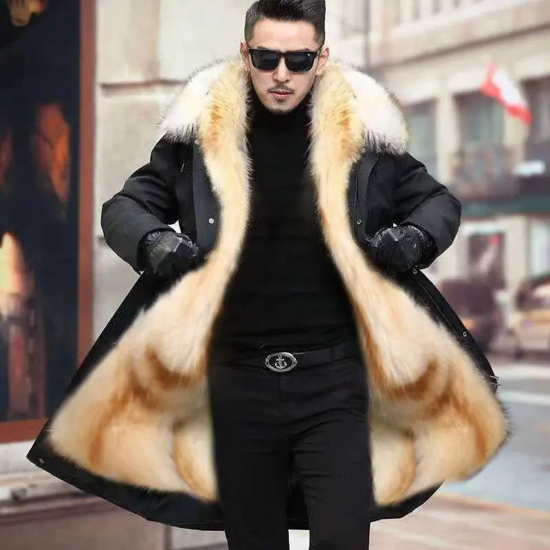 Fur Lined Parkas Men Faux Fur Coat Big Size Hooded Warm Long Fox Fur Coat Snowsuit High Quality Men Clothing Zipper Long Sleeve