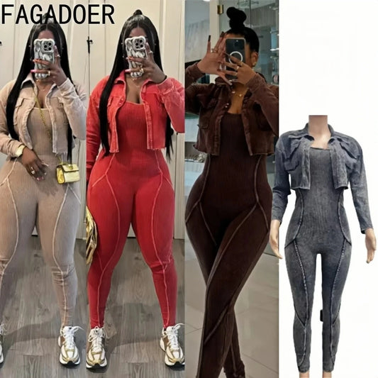 FAGADOER High Quality Rib Women 2 Piece Set Outfit Fashion Long Sleeve Crop Jacket + Bodycon Jumpsuits Suits Clothing 2025 New