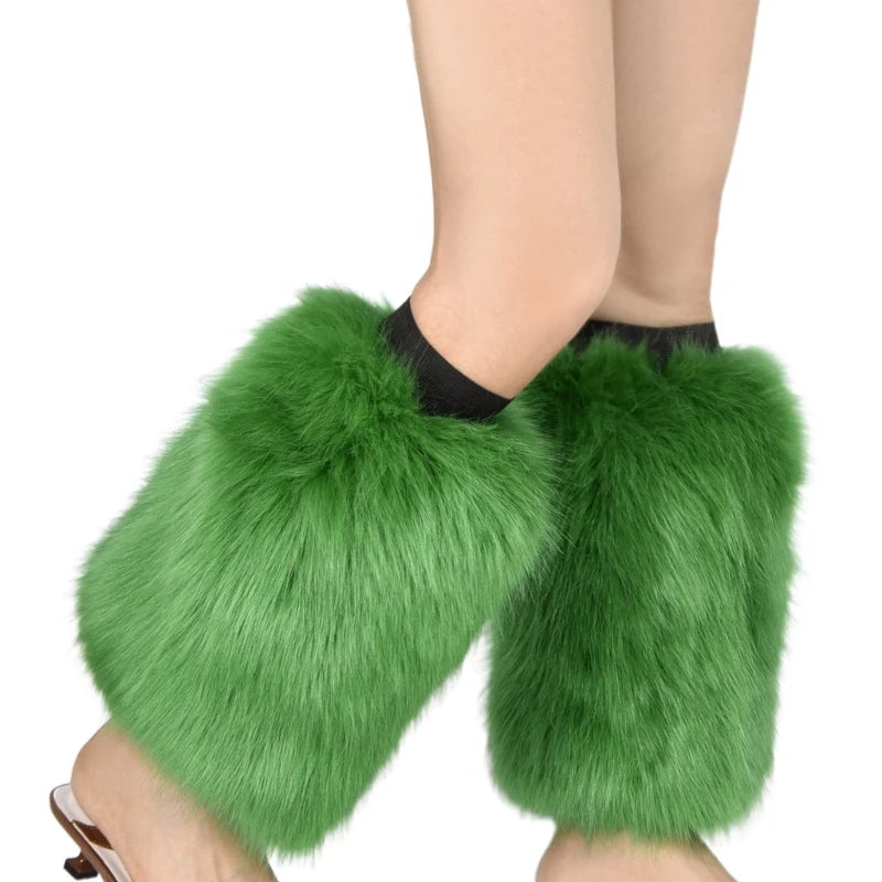 Women Vintage Vibrant Furry Leg Warmers Winter Warm Fuzzy Faux Fur Cuffs Sleeves Calf Length Socks Streetwear