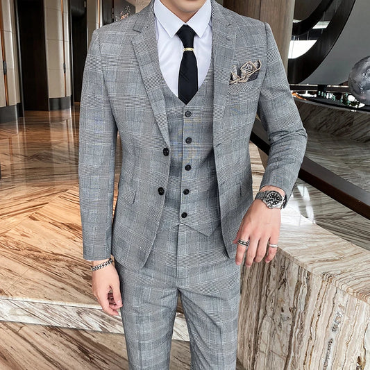 (Jacket+Vest+Pants) Men's Groom Wedding Dress Plaid Formal Suits Set Men Fashion Casual Business Suit Three-piece Blazers S-4XL