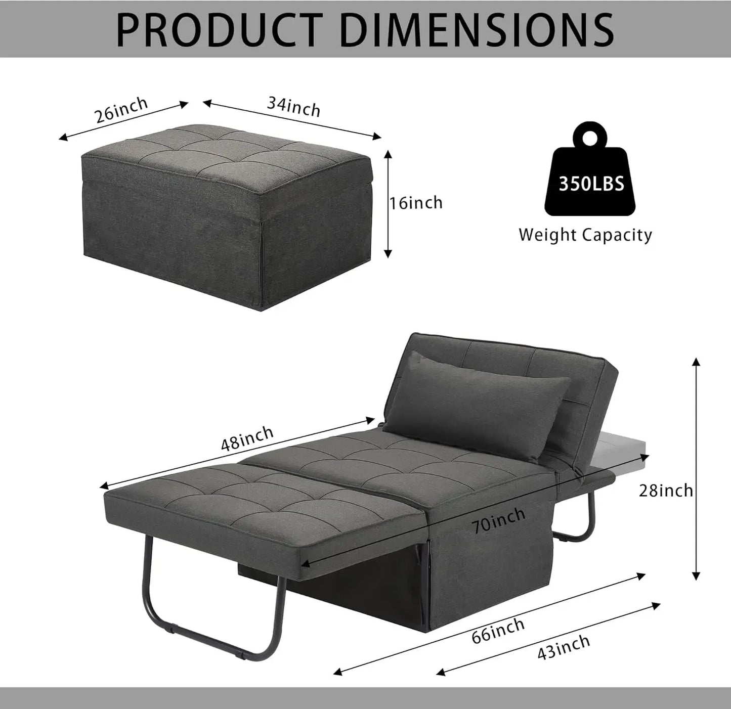 Sofa Bed, 4 in 1 Multi-Function Folding Ottoman Breathable Linen Couch Bed with Adjustable Backrest Modern Convertible