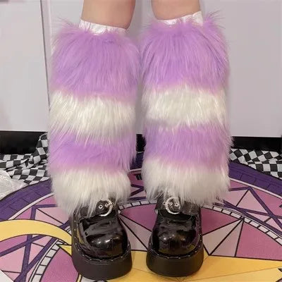 Gothic Women's Y2k Harajuku Punk Lolita Girls Subcultural Striped Contrasting Fur Insulation Faux Furry Socks Legs Warms covers