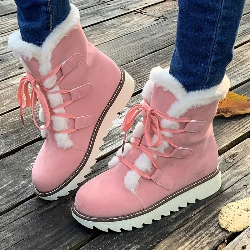 Women's Plush Lined Mid Calf Snow Boots - Waterproof Anti-Slip, Thermal Insulation Lace Up Outdoor Winter Boots for Cold Weather