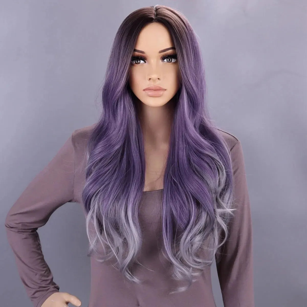 Long Wavy Middle Part Wig Purple Natural Wigs for Women Heat Resistant Ombre Purple Gray Wig Daliy Party 28 Inch Synthetic Wigs