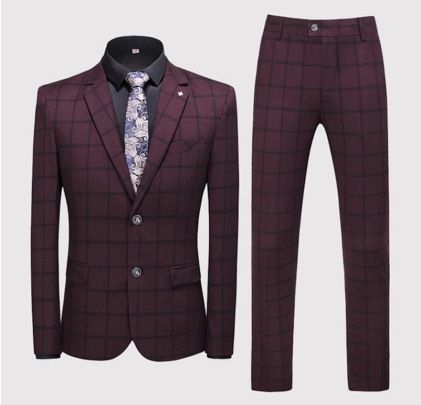 (Suit+Vest+Pant) Spring Korean Slim Check British Business Suit Men Three Piece Wedding Bridegroom Best Man Formal Dress S-5XL