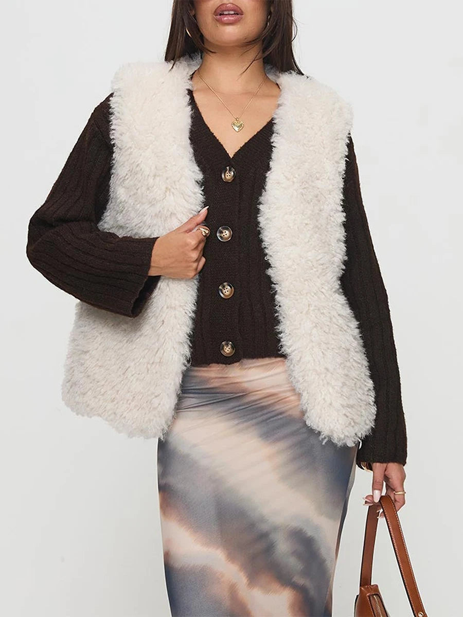 Women s Autumn Faux Fur Waistcoat Solid Color Lightweight Open Front Winter Fuzzy Vest