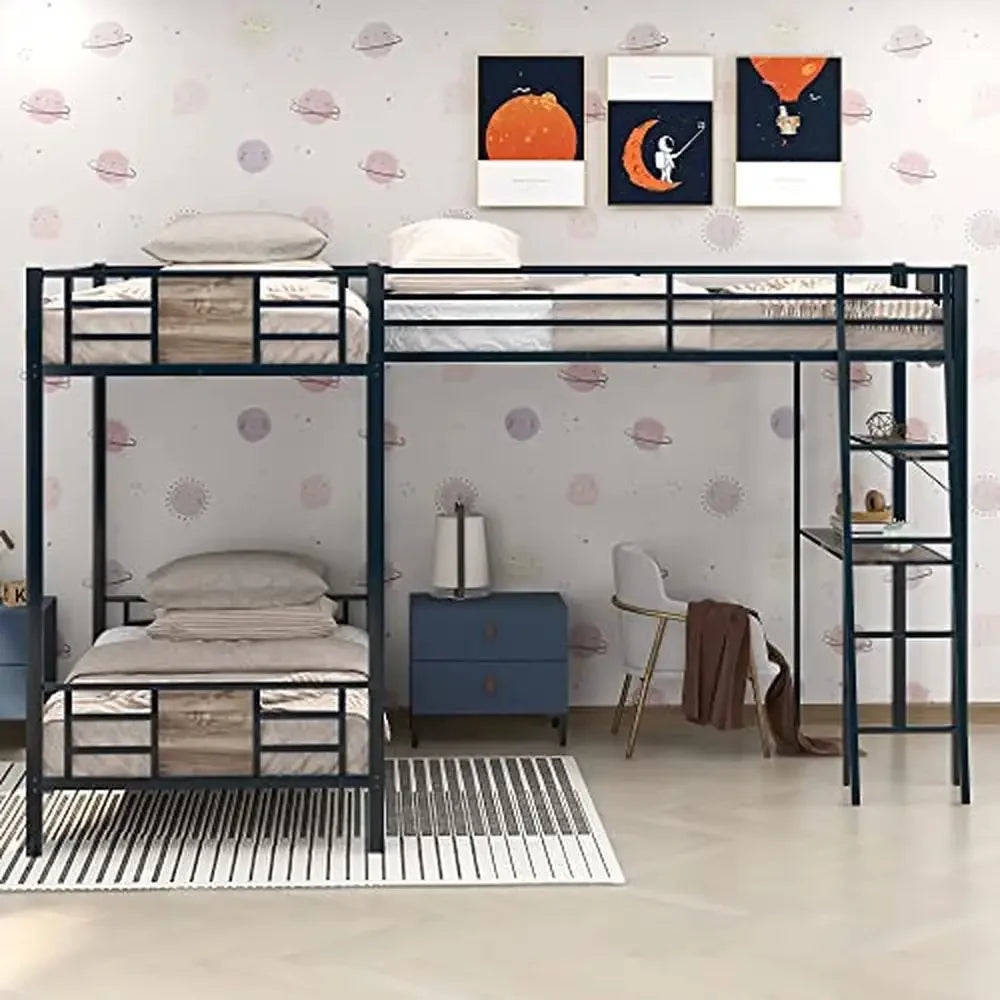 Triple Bunk Bed with Desk and Shelf Metal L-Shaped Twin Over Twin Loft Bed Space Saving Design Guardrail Safety Easy Assembly