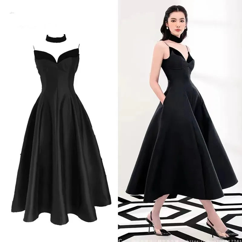 2024 French Summer Velvet Patchwork Spaghetti Strap Prom Party Dress High Quality Women Strapless Sexy Backless Ball Gown Robe