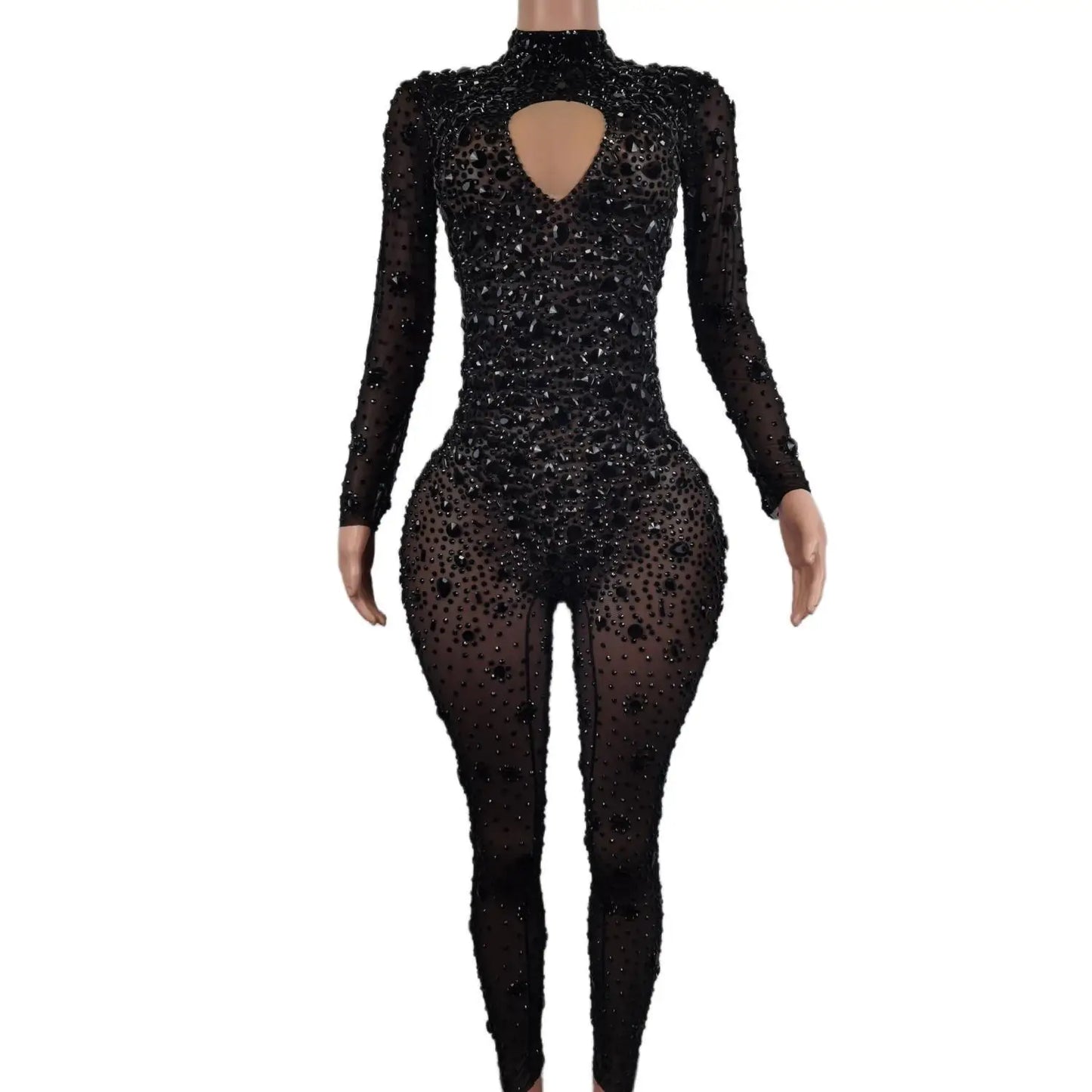 Sexy High-end Gorgeous Perspective Rhinestone Jumpsuit Long-sleeved Tights Nightclub Singer DJ Stage Performance Clothes Cuican