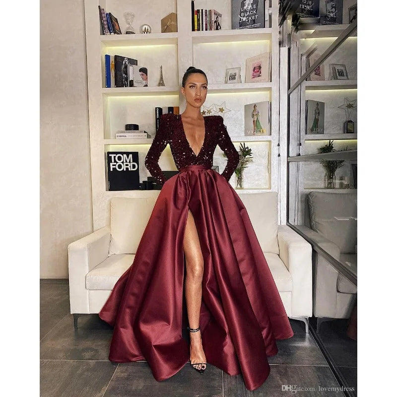 2024 Spring Summer New Women's Sexy One-Shoulder Long Sleeve Sequin V-neck Swing Sequined Split Dress Evening Dress