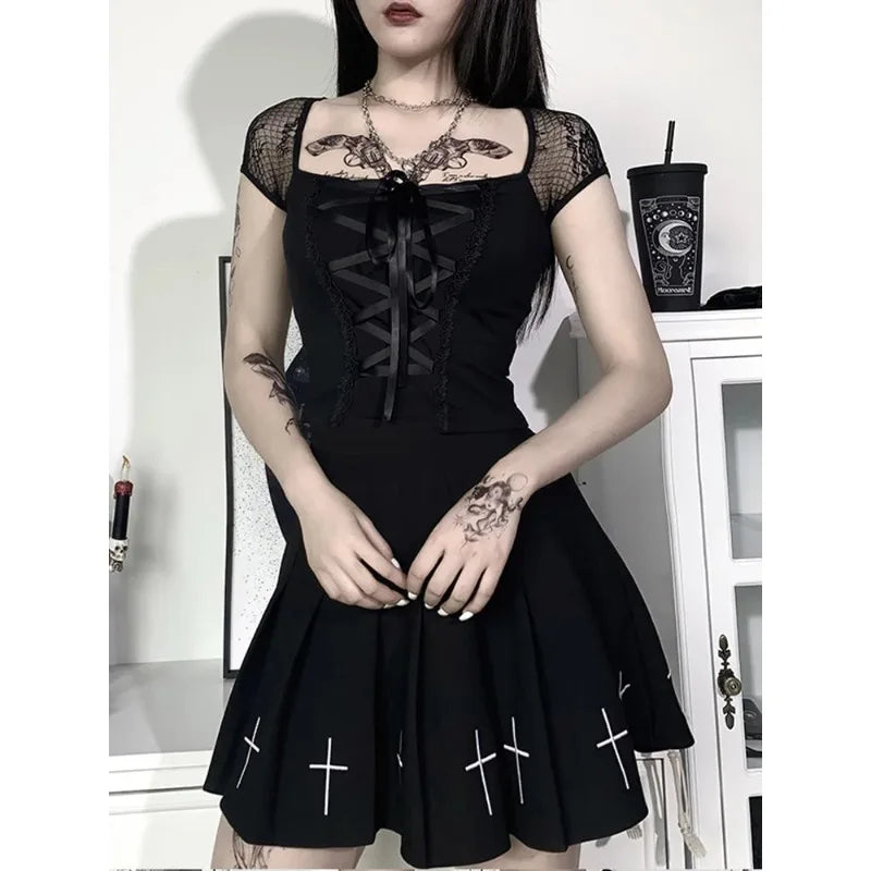 Sexy Tops Goth T Shirt Women Bodycon Bandage Lace Black T Shirts