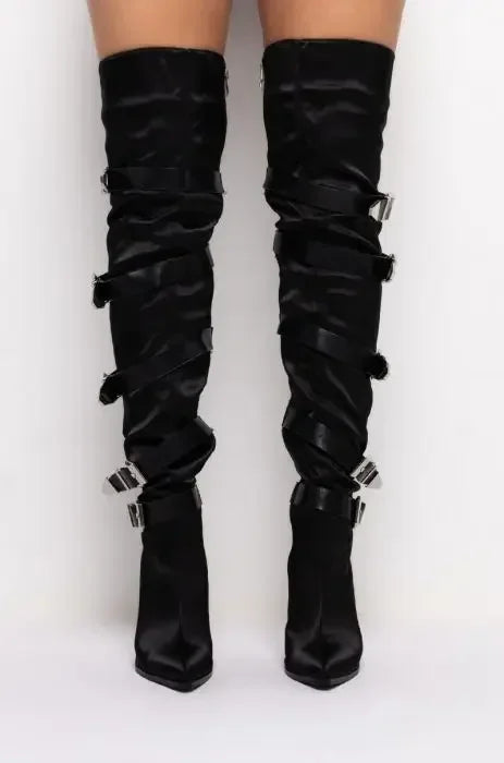 Over The Knee Stiletto Fashion Women Shoes Black Pointed Toe Belt Buckle Boots