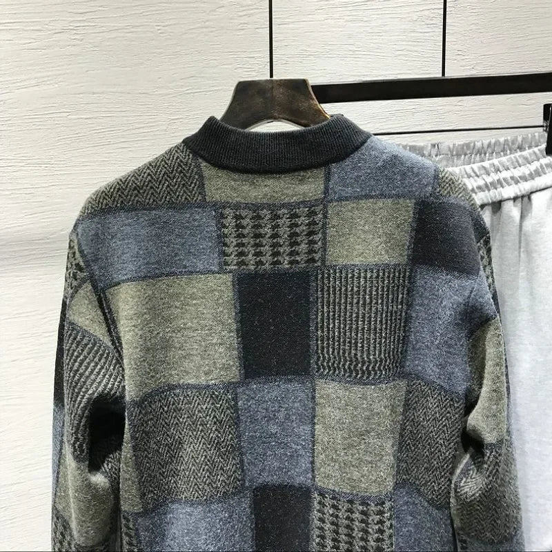 Man Clothes Collared Plaid Coat Knitted Sweaters for Men Jacket