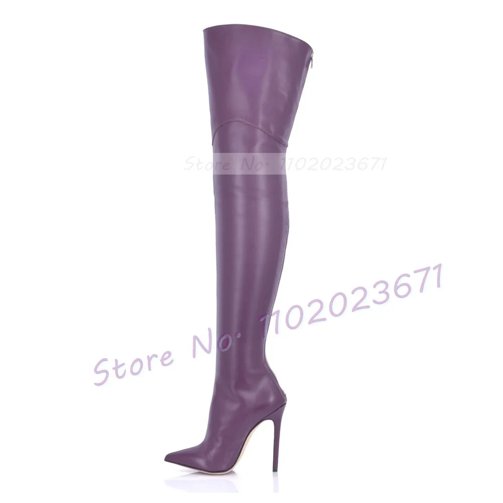 Pointy Thigh High Boots With Full Back Zipper Women Leather Splicing Slim Long Boots Ladies Sexy Casual High Heels Winter Shoes