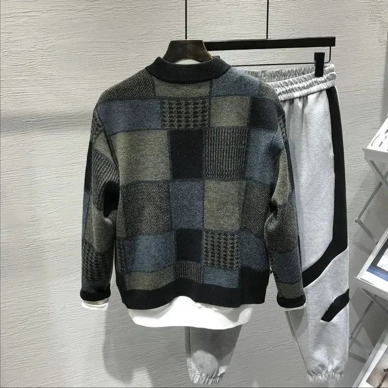 Man Clothes Collared Plaid Coat Knitted Sweaters for Men Jacket