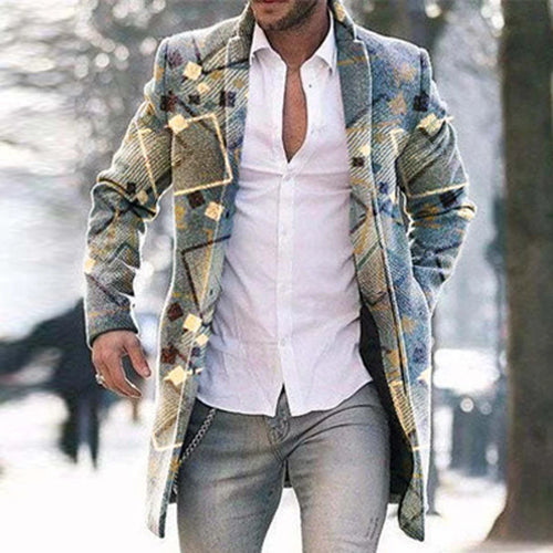 Retro Pattern Print Wool Blend Jackets Men Casual Turn-down Collar