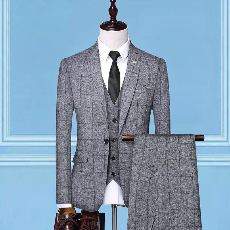 ( Suit+Vest+Pants) 2023 Spring Men's Tailcoat Plaid Suit/Men's Slim Fit Plaid Three Piece Work Suit Business Suit Men's S-4XL