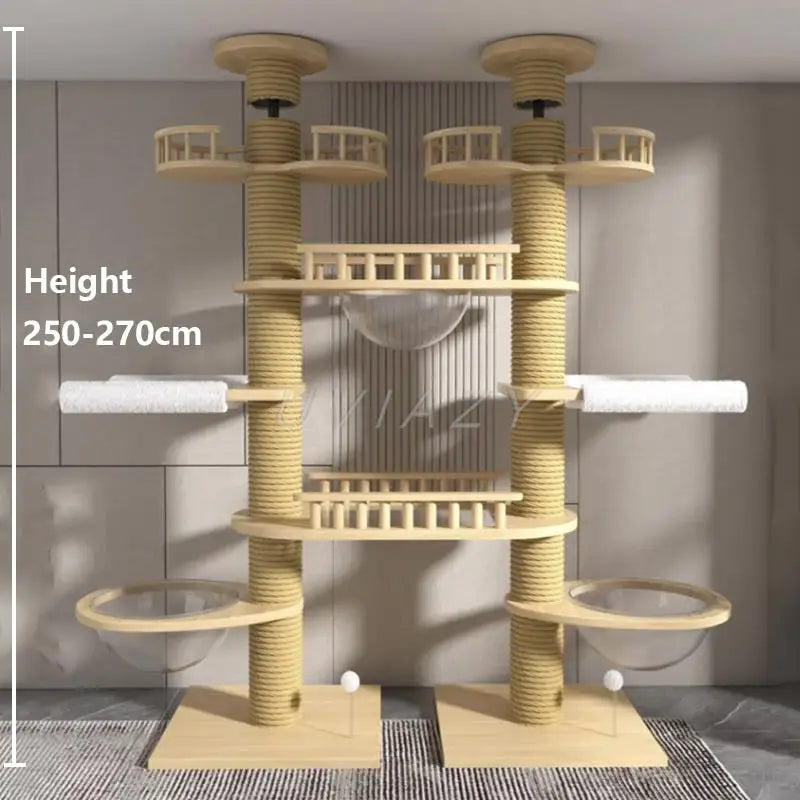 Floor-to-Ceiling Double Column Multi-layer Cat Tree Cat Climbing Tower with Natural Sisal Rope Scratching Post Tall ClimbingTree