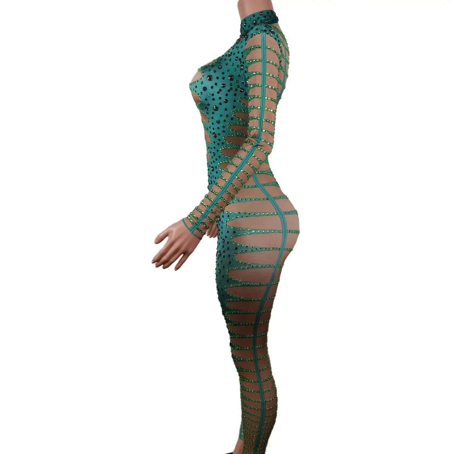 Green Grass Rhinestone Jumpsuit Woman Night Club Party Stretch Stage Wear Celebrate Bodysuit Performance Costume Lvyecao