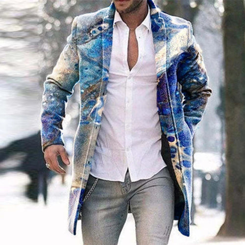 Retro Pattern Print Wool Blend Jackets Men Casual Turn-down Collar