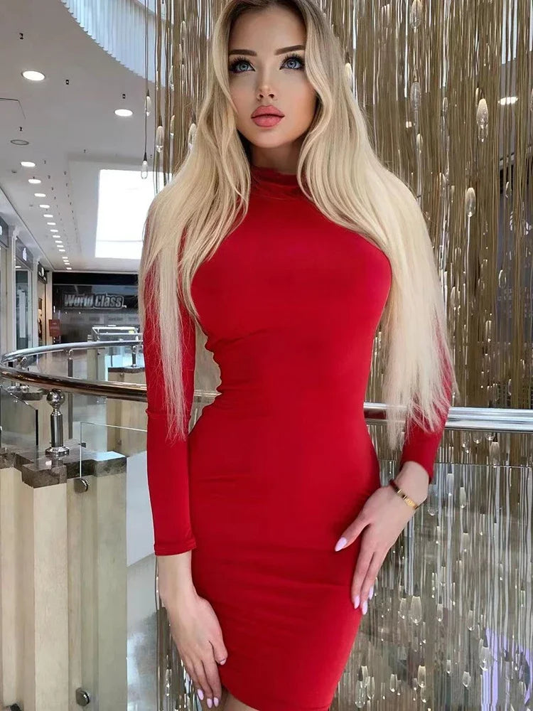 Long Sleeve Slim Bodycon Mini Dress Women Turtleneck Pleated Party