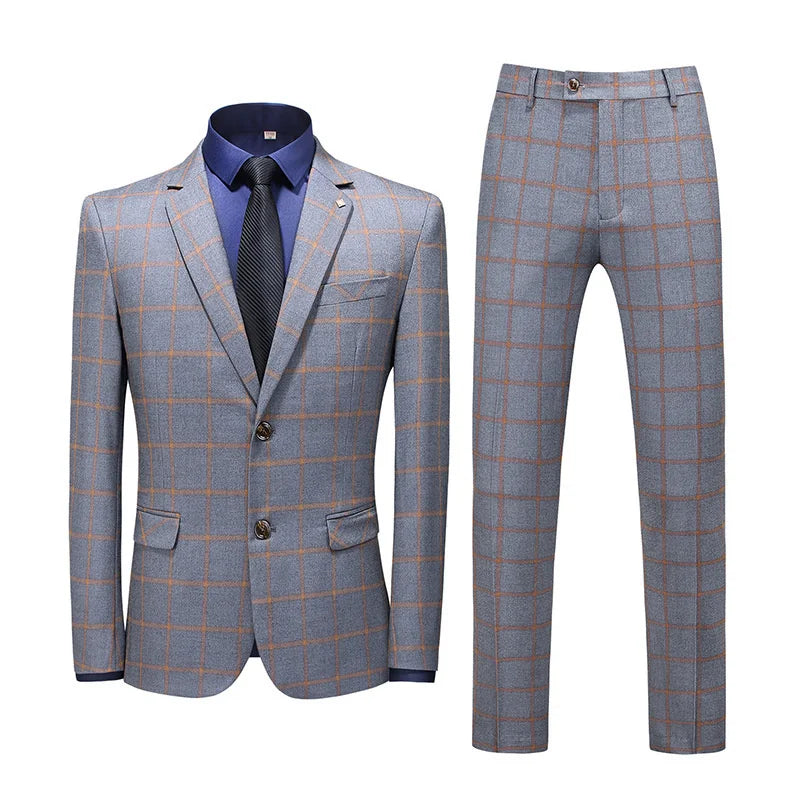 (Suit+Vest+Pant) Spring Korean Slim Check British Business Suit Men Three Piece Wedding Bridegroom Best Man Formal Dress S-5XL