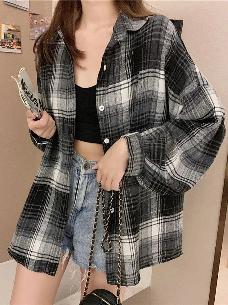 Plaid Shirt Women Autumn Long Sleeve Top Female Vintage Fashion Single