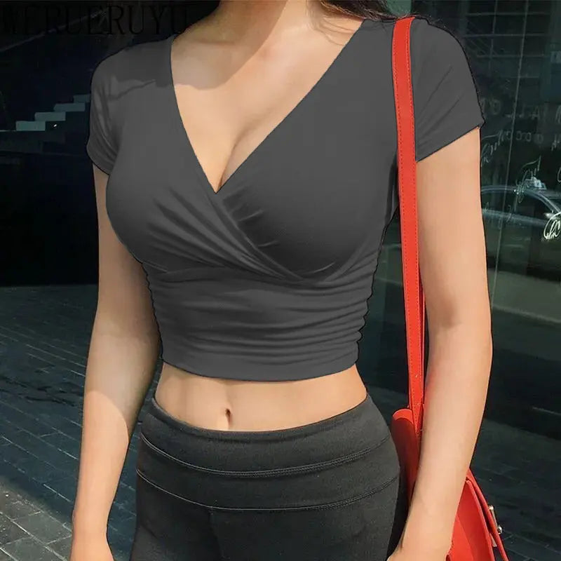 New Summer Black Sexy V-neck T-shirt Short Sleeve Y2k Crop Top Women