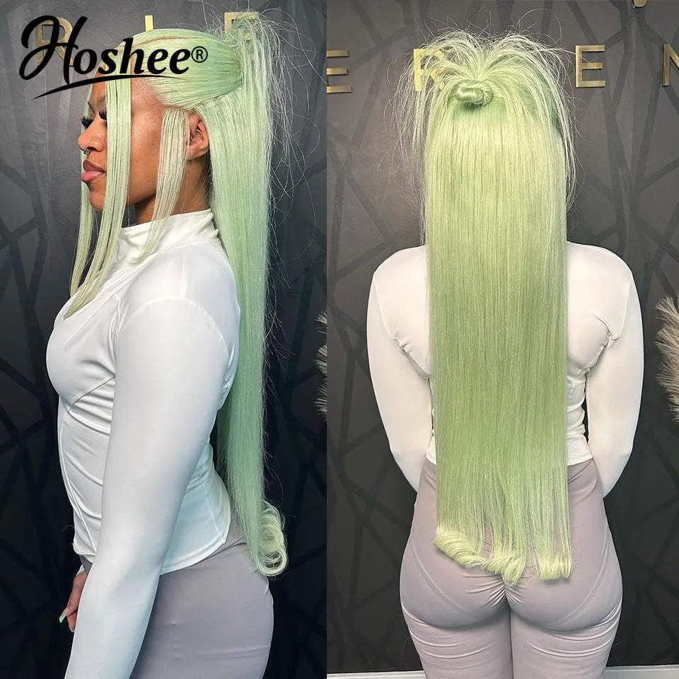 Mint Green Straight Lace Front Human Hair Wigs For Women Lake Blue Colored Human Hair Wigs  13x4 Lace Frontal Wig Pre-Plucked