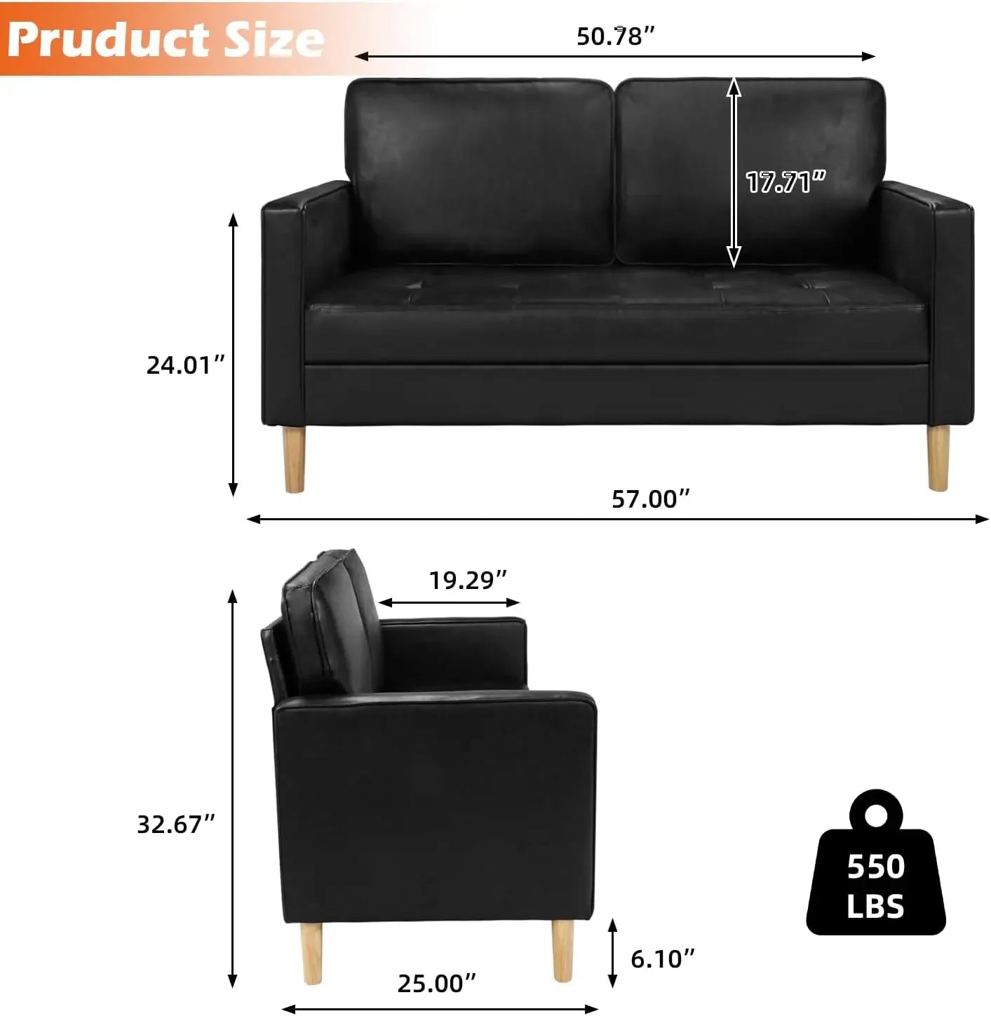 57'' Mid-Century Loveseat Faux Leather Sofa Couch with Armrest for Two People Modern 2 Seat Sofa for Living Room (2-Se