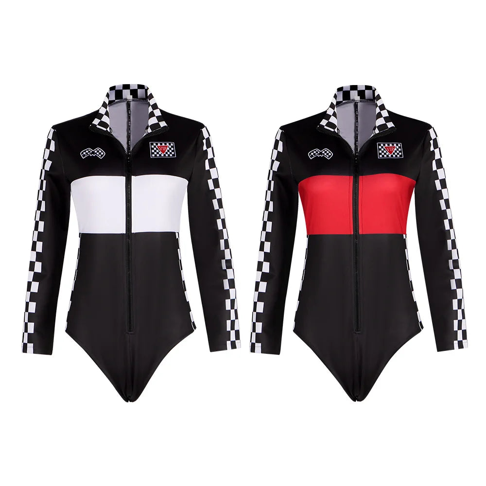 Women Race Car Driver Jumpsuit Halloween Sexy Bodysuit Cosplay Costume Long Sleeves Car Game Racer Girl Cheerleaders Uniform