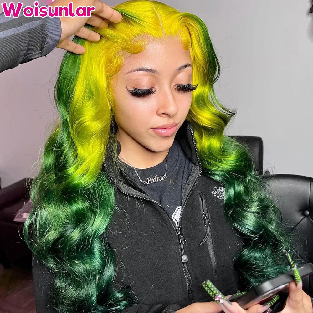 Ombre Yellow and Green Human Hair 13x6 Transparent Lace human hair  Pre-Plucked For Black Women Body wave180% Density  wigs