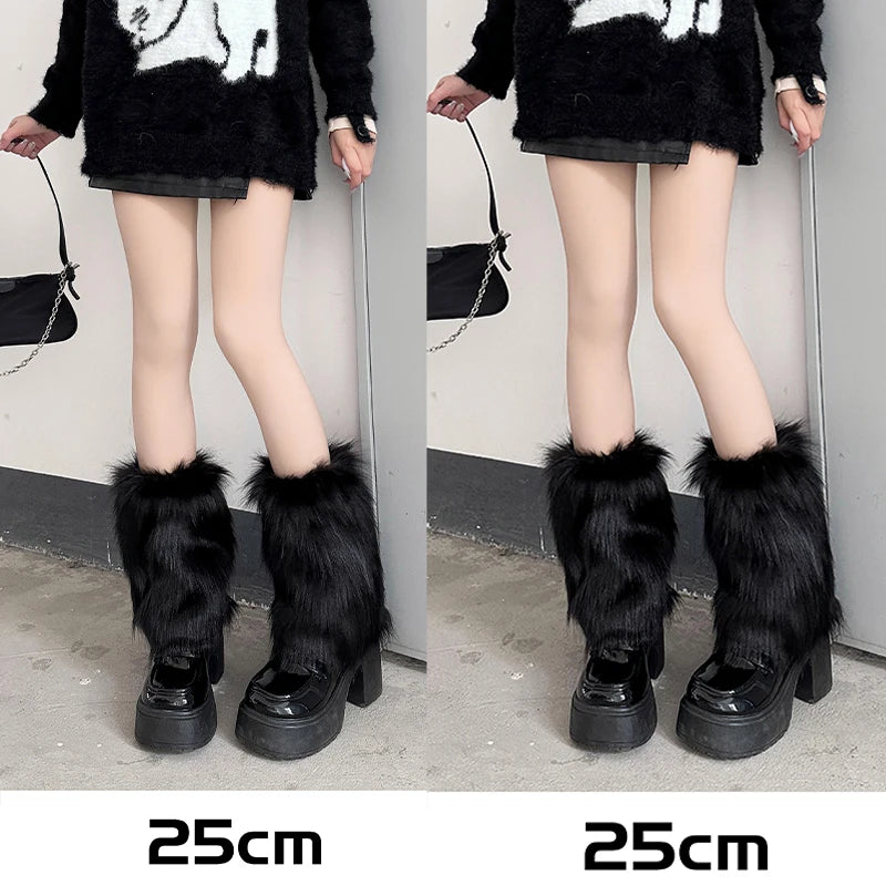 1/2pcs Furry Leg Warmers Y2K Goth White Faux Fur Leg Warmers Boot Covers Lady Cute Jk Knee-length Hipster Warm Sock Trendy Socks