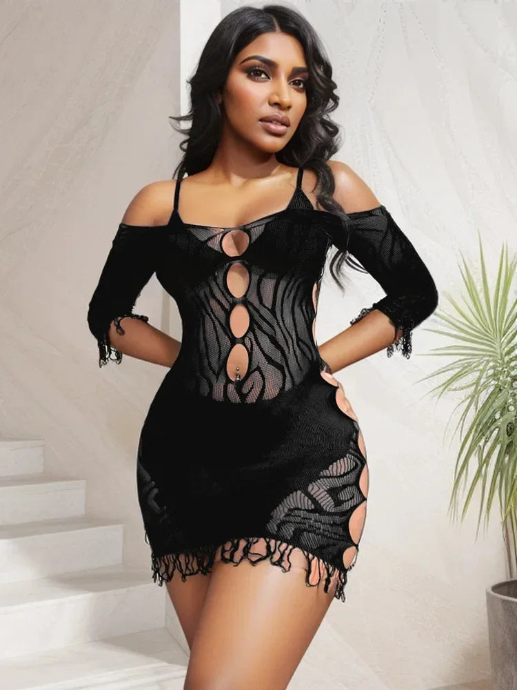 Hot Evening Night Party Club Wear Ladies Exotic Erotic Underwear See Through Hollow Mini Short Skirt Women's Sexy Bodycon Dress