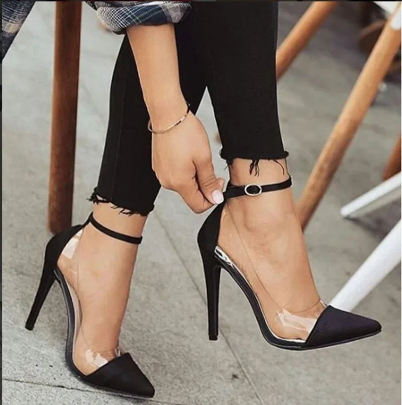 New Women's High Heel pumps Pointed Transparent Belt Buckle Ladies Single Shoes Dress Shoes Rose Red Pink Black Color 35 - 43